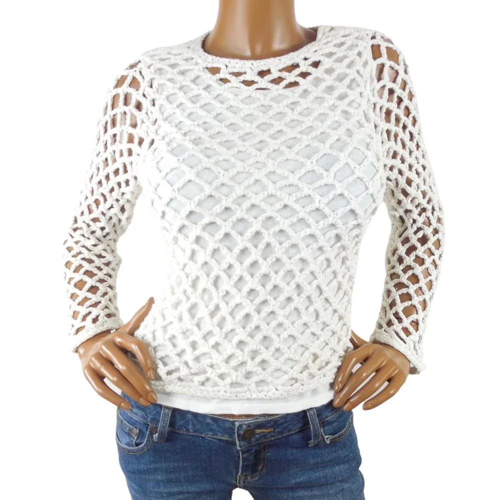 JOHN PAUL RICHARD Top M Heavy Crochet Crop Shirt w/Attached Knit Tank Casual - Picture 2 of 11